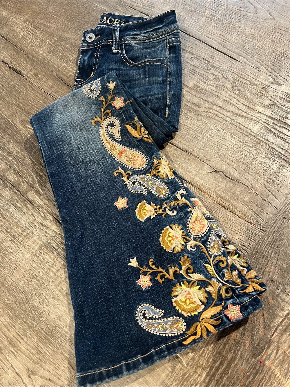 Girls Western Grace in L.A. Embroidered Flare Jeans with Gold & Cream Paisley